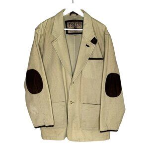 Vintage 90s Men's Khaki Canvas Sport Coat w/ Brown Elbow Patches, Size Large